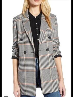 Halogen X Atlantic-pacific Long Blazer Gray Plaid Lined Double Breasted Sz 1 S